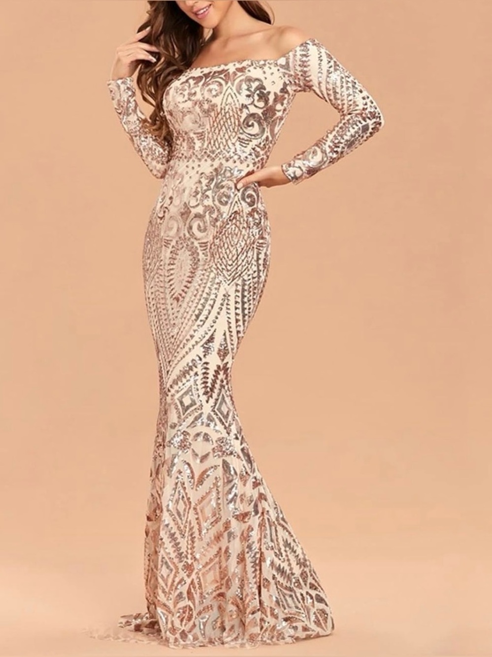 Sexy Elegant Sequined Long Off Shoulder Party Dress Gold Size S  By Miss Ord